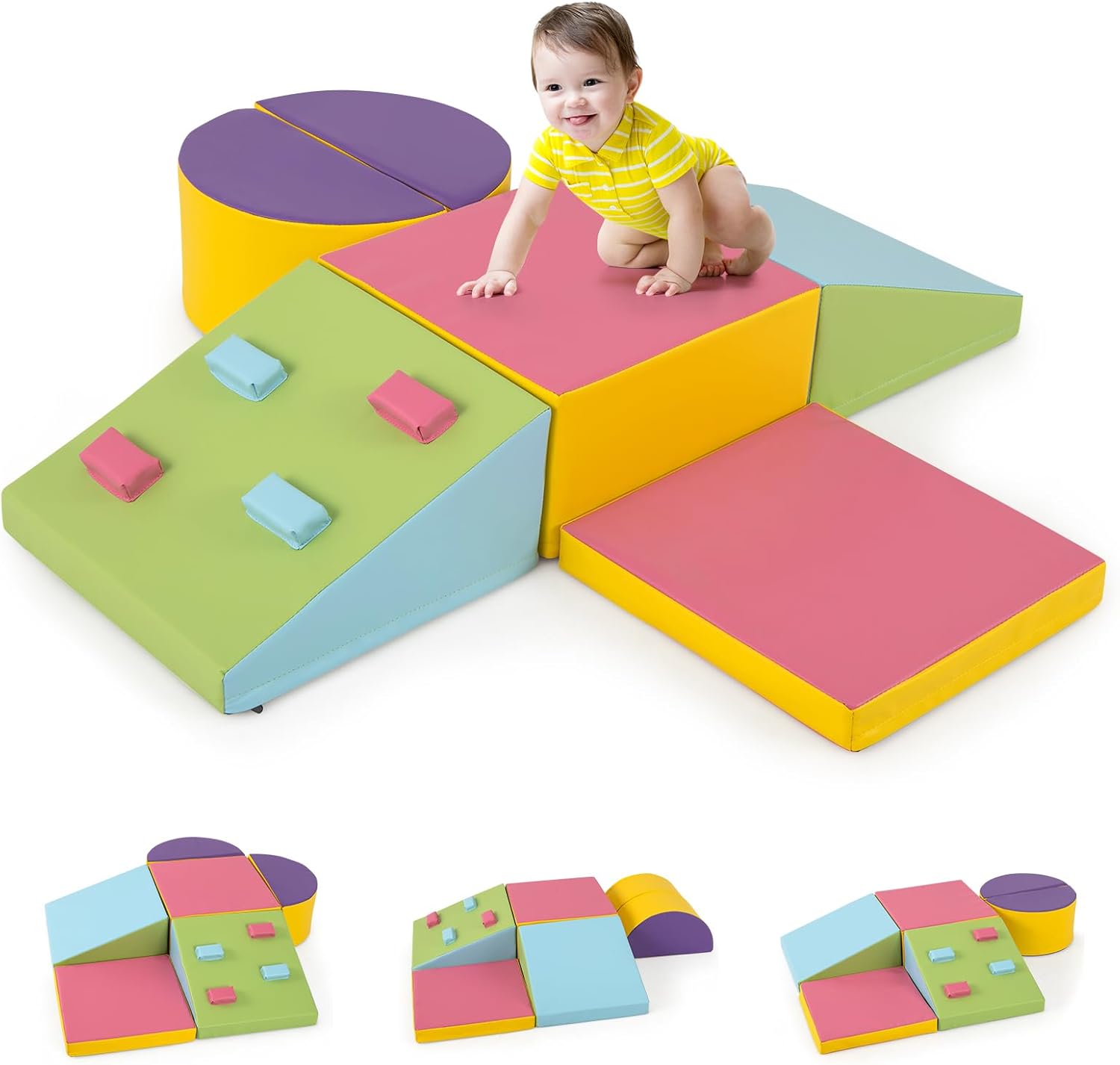 Set di 6 Blocchi di Schiuma per Arrampicata per Bambini, Blocchi in Schiuma per Arrampicarsi e Strisciare, Costruzione Mattoncini Morbidi per Bambini 12+ Mesi, Multicolore