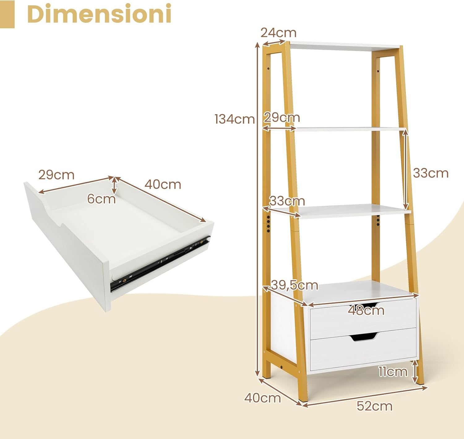 Scaffale a Scala, Libreria in Legno a 4 Ripiani con 2 Cassetti, Scaffale Salvaspazio da Terra per Camera da Letto, Studio, Ufficio e Soggiorno, 52 x 39,5 x 134 cm (Bianco)