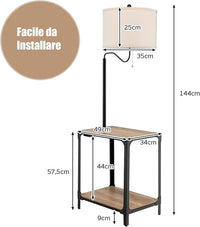 Lampada da Terra in Metallo e Legno, Lampada da Lettura con Tavolino, Mensola e Porta USB, Lampada Ruotabile di 360° per Camera da letto e Salotto