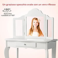 2-in-1 Toeletta Trucco Bambina, Tavolo da Trucco per Bambini con 3 Specchio e Sgabello, Postazione Trucco con 1 Cassetto, 3-7 Anni (Bianco)