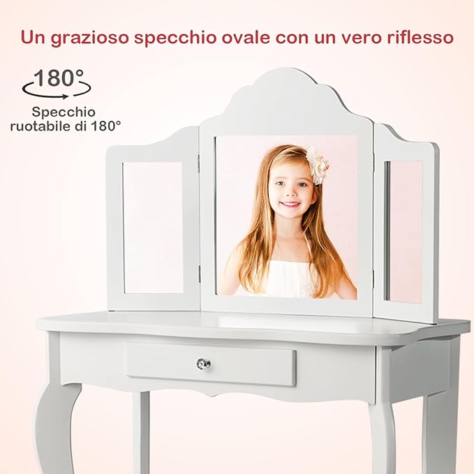 2-in-1 Toeletta Trucco Bambina, Tavolo da Trucco per Bambini con 3 Specchio e Sgabello, Postazione Trucco con 1 Cassetto, 3-7 Anni (Bianco)