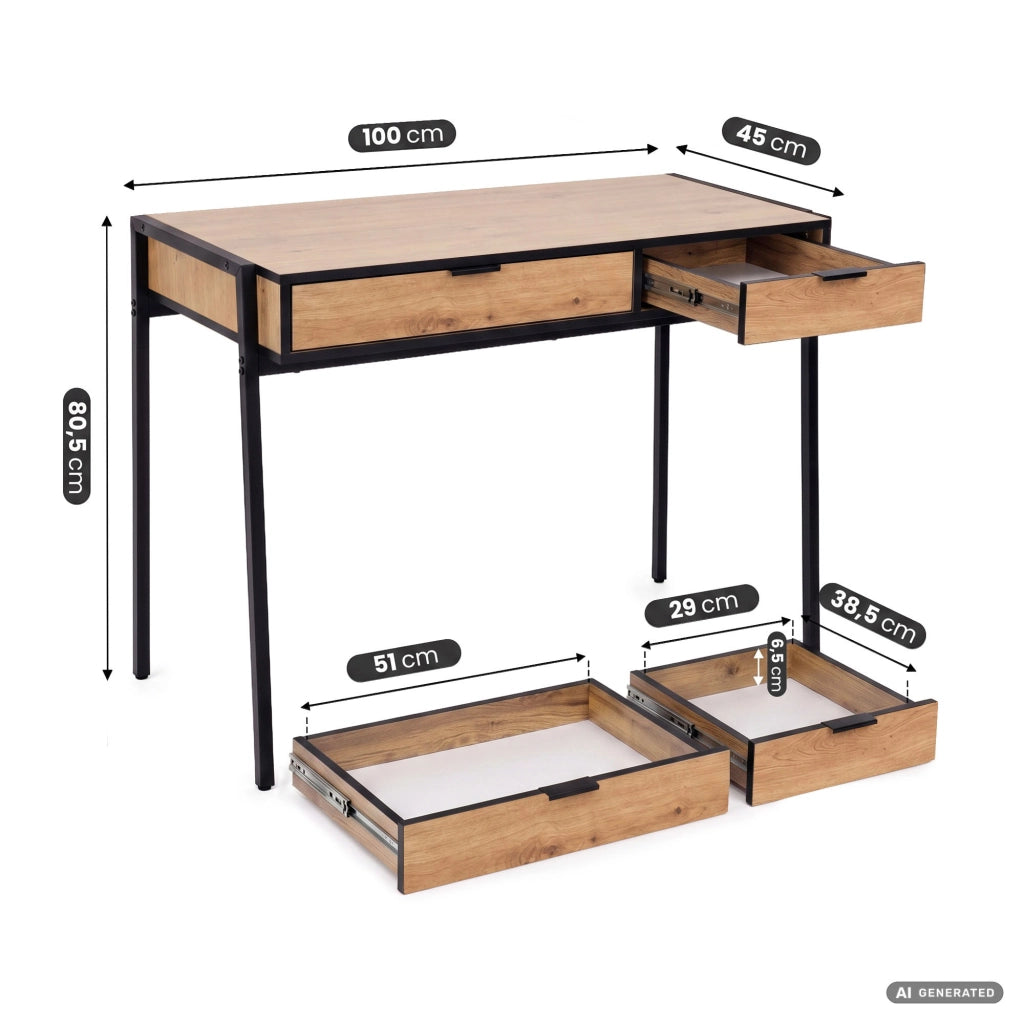 Scrivania industriale per computer Rovere Craft ZENTIA 100 cm 2 cassetti gambe nere