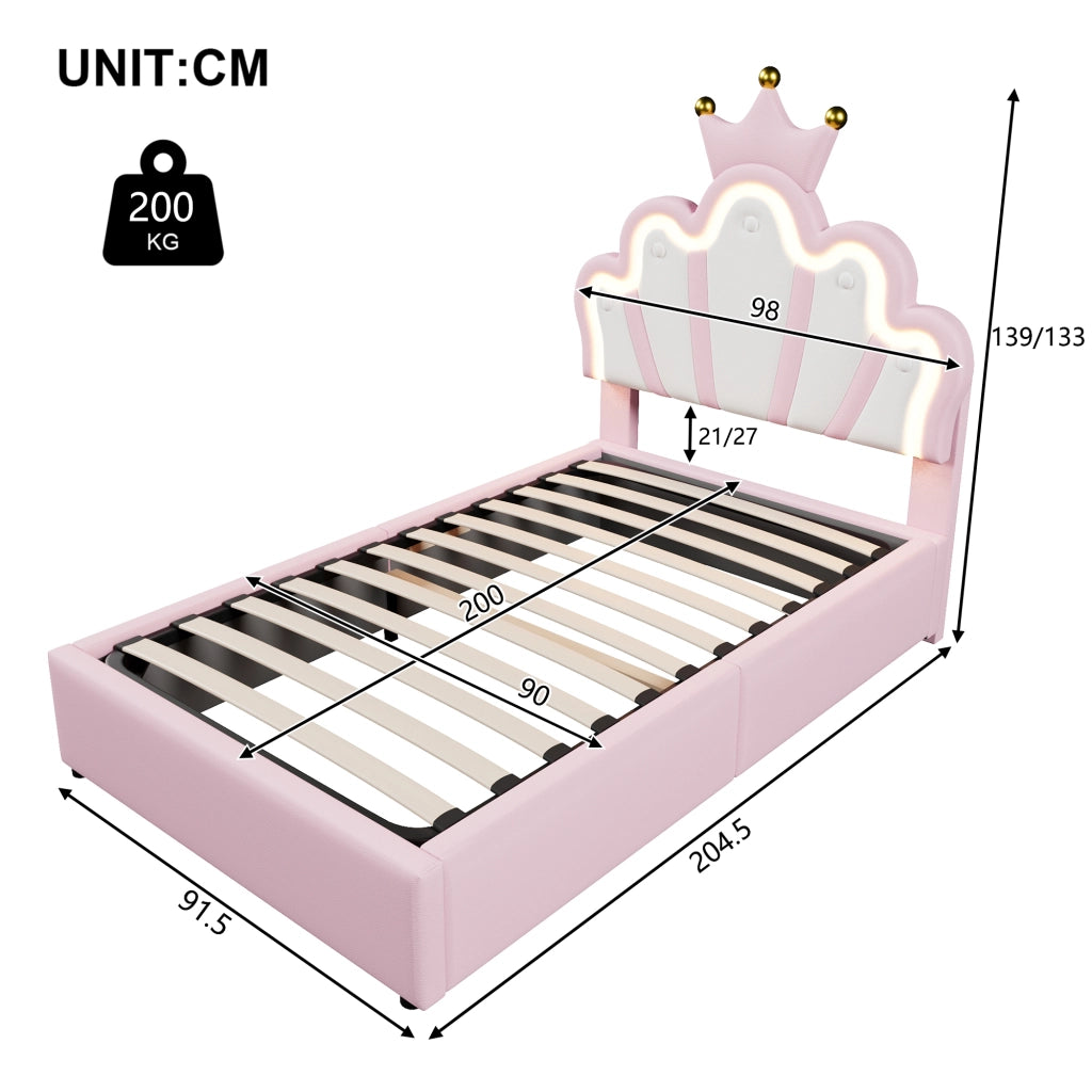 LETTO imbottito 90x200 cm con testiera regolabile, LED, PU rosa