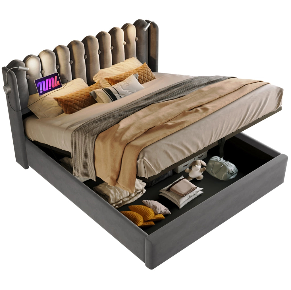 Letto matrimoniale 140x200 cm in velluto grigio con luce da lettura e doppia porta USB