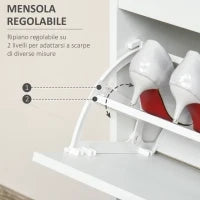 Scarpiera Moderna in Legno, 2 Cassetti con Mensola Regolabile per 16 Scarpe e Cassetto Piccolo, 70x29x92cm, Bianco
