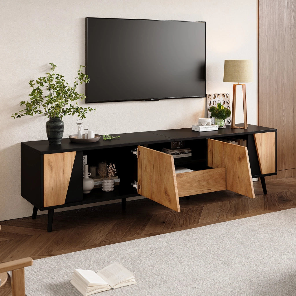 Mobile TV 180x40x46 cm nero e legno con 2 ante, cassetto e vani aperti
