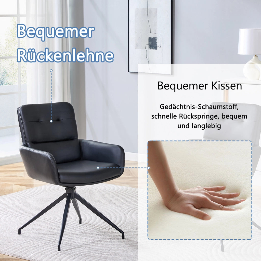 Sedia da pranzo girevole a 360° in PU nero; schienale con bottoni; per sala da pranzo e zona relax; 74.5 × 56.0 × 51.5 cm