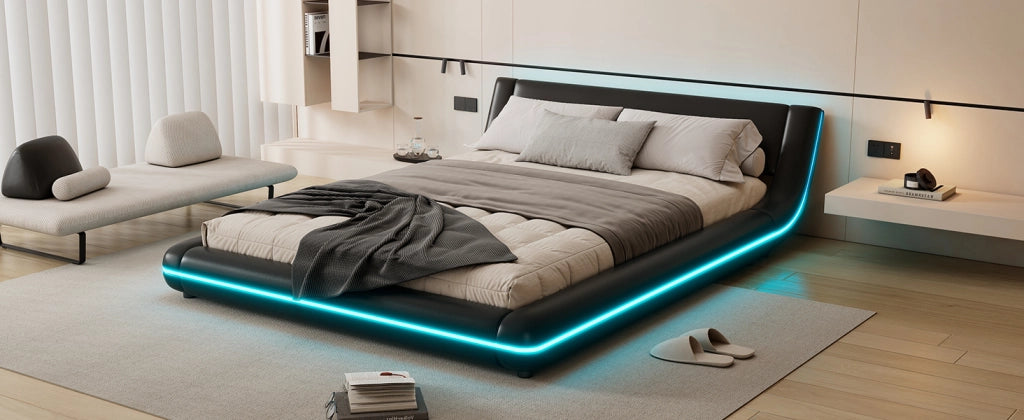 DESMIU Letto basso 140 × 200 cm 2 posti con LED regolabile, senza materasso, in PU, nero
