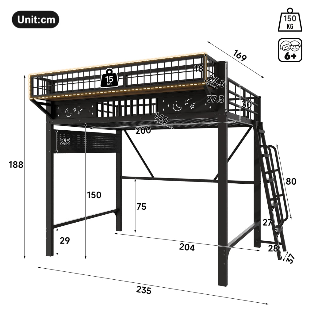 Letto a soppalco 140x200 cm per 2 persone, letto alto con ripiani portaoggetti e spazio aperto sottostante, metallo nero