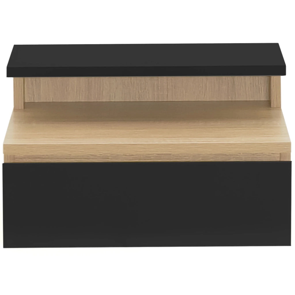 IDMarket - Set di 2 comodini a parete TOMI con mensole sospese + 1 mensola in legno effetto faggio e cassetto nero