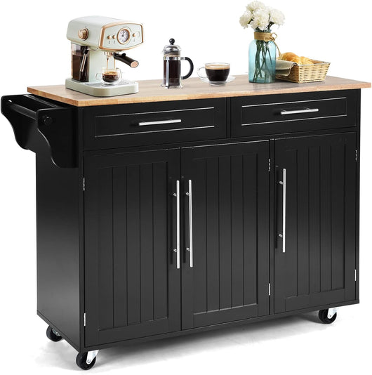 Carrello da Cucina, Carrello di Servizio con Ruote e Maniglia, 3 Ante e 2 Cassetti, Ideale per Cucina Ristorante Bar, 122x46x92,3 cm (Nero)