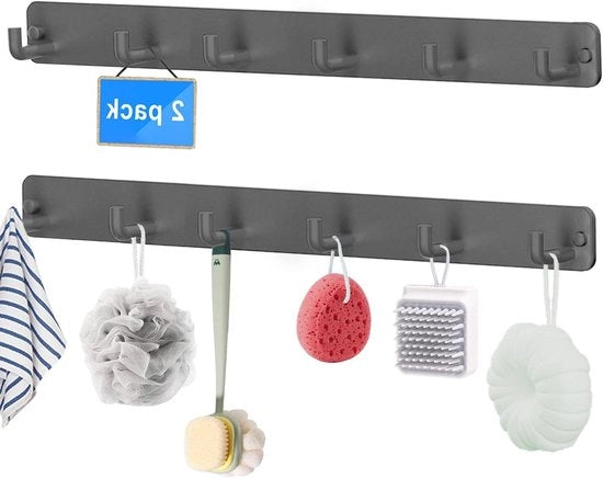 Hanger a parete multifunzionale in acciaio inossidabile 2 pezzi - Heavy duty - Adatto per woonkamer, cucina, camera da letto - Grigio - Fissaggio con 7 ganci