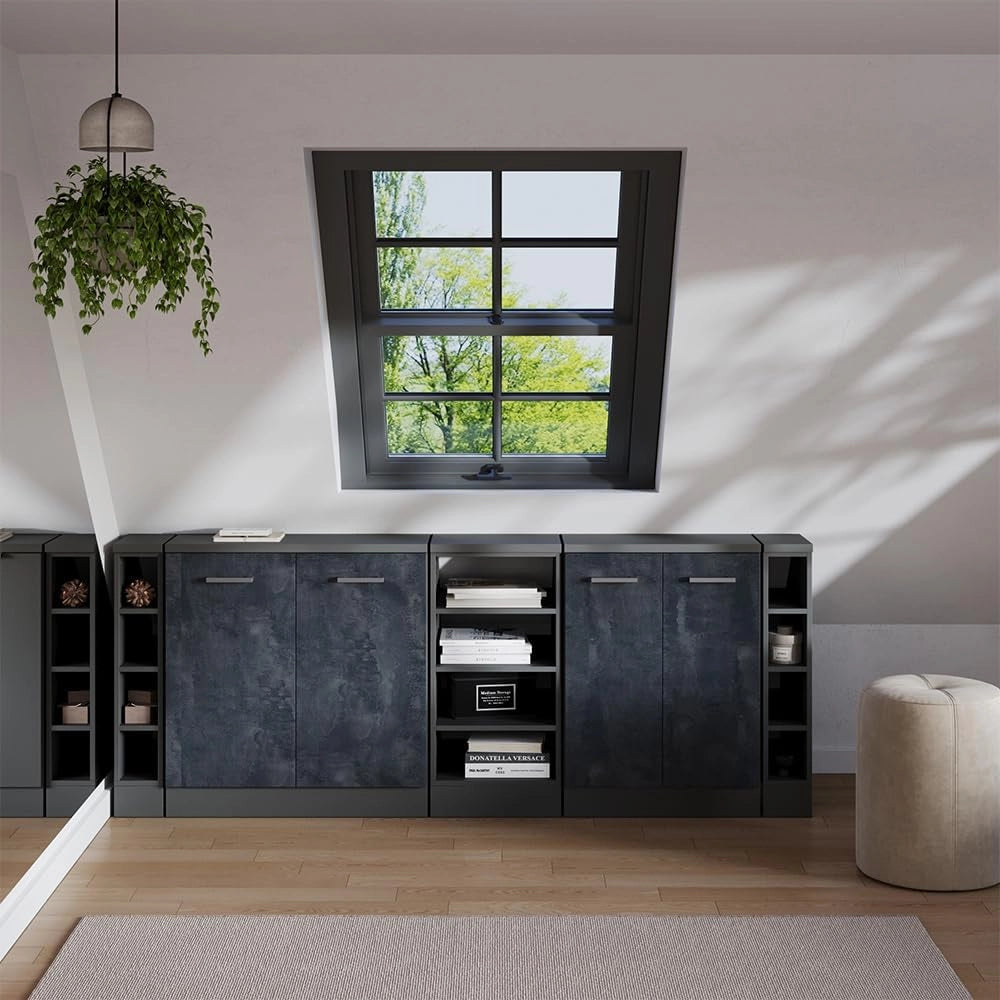 Set di mobili sottotetto Rion, Calcestruzzo nero, 210 cm Set di 5 carcasse armadio profondità 60 cm, adatto per il salvaspazio sotto tetti spioventi