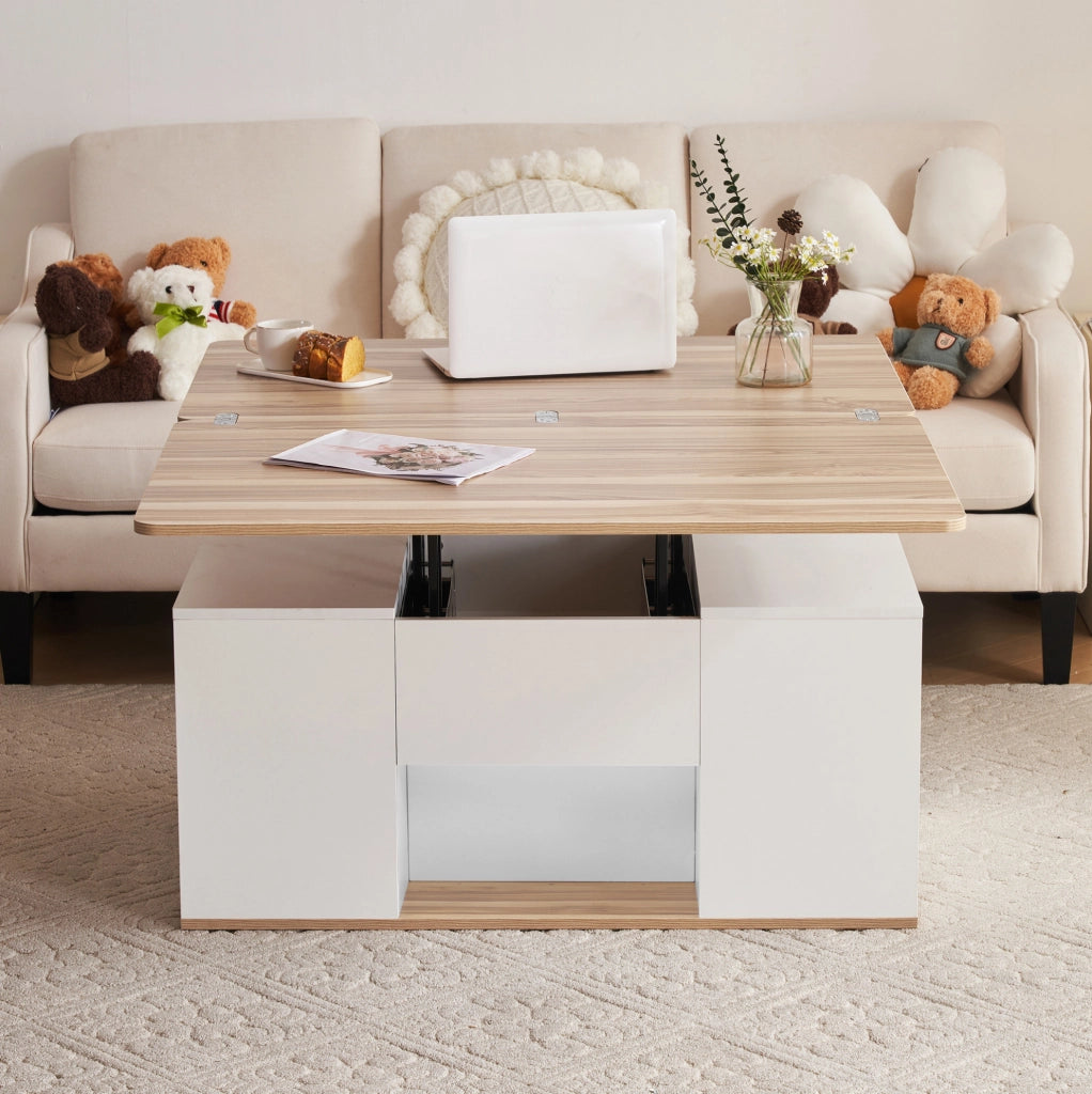 Tavolino da caffè elevabile 100 cm bianco e legno con 2 cassetti
