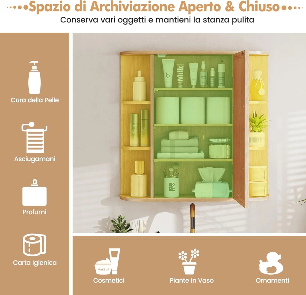 Specchio Bagno Contenitore 66 x 17 x 63 cm, Mobile bagno in Legno Appeso con Mensole Regolabili e Ante, Armadietto Multiuso dei Medicinali per Bagno, Salone e Cucina (Naturale)