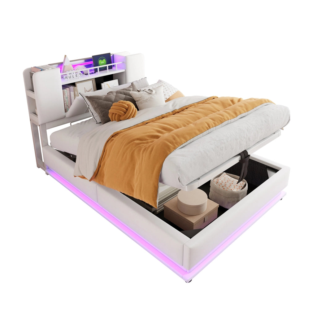 Letto imbottito per bambini 90 x 200 cm beige con LED, USB e contenitore