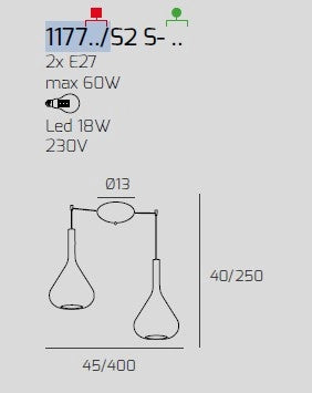 SOSPENSIONE BIANCO 2 LUCI SPOSTABILE VETRI FUME 1177BI-S2 S-FU