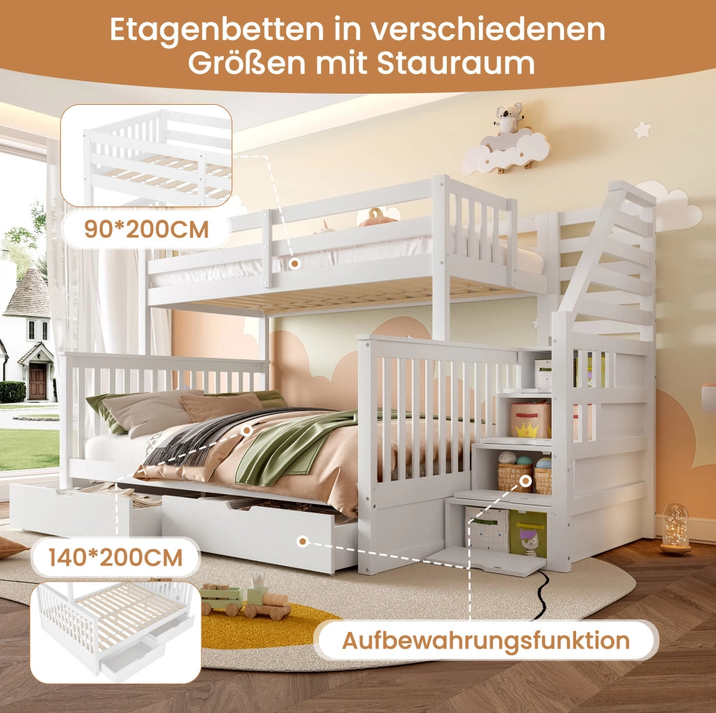 Letto a castello 90x200/140x200 cm bianco con cassetti