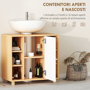 Mobile Sottolavabo Bagno 60x33x57cm con Armadietto a 2 Ante Soft-Close e 6 Ripiani Aperti Bianco