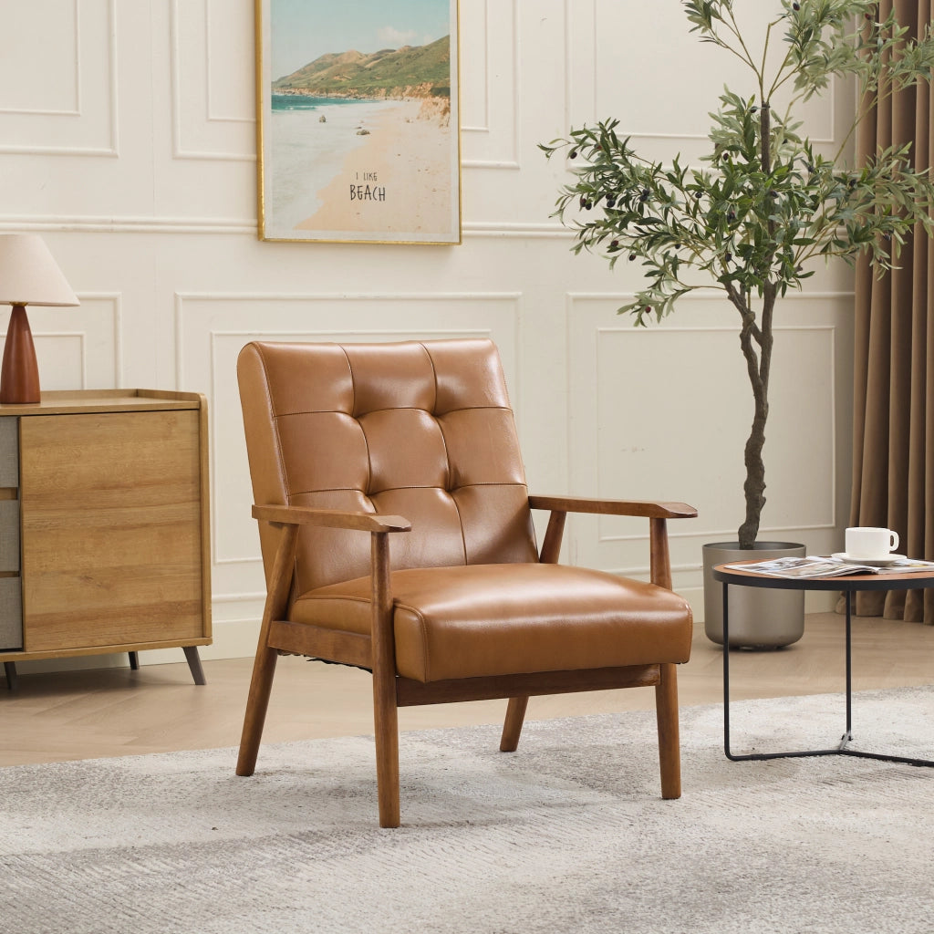 Poltrona Loungesessel con Schienale con Cuciture Pull-Point e Struttura Stabile, in Pelle, Legno, Marrone Chiaro