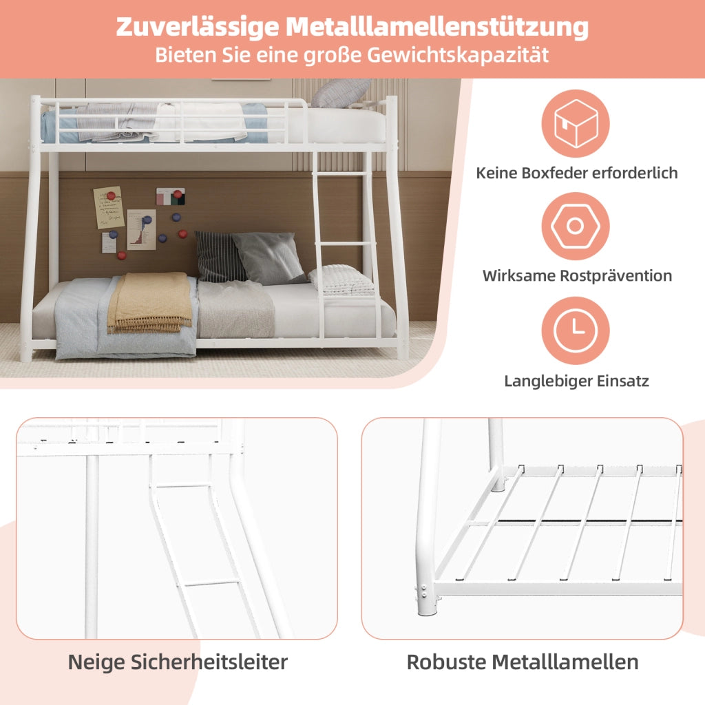 Letto a castello 90 × 190 cm e 140 × 190 cm con scaletta et barriere di sicurezza, senza materasso, in ferro, bianco