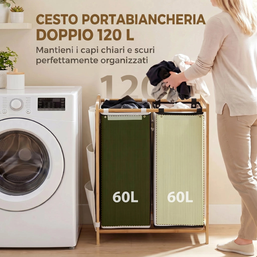 Cesto Portabiancheria 63x33x78 cm 2 Scomparti 120L con Coperchi Tasche Laterali Sacchi Estraibili in Bambù e Poliestere