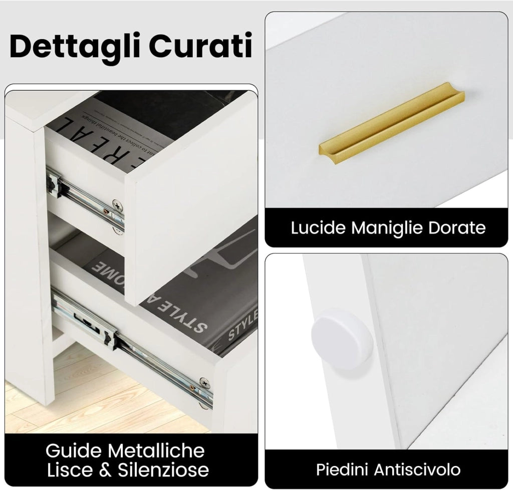 Comodino con Luci LED 50x40x58cm, Tavolino Camera da Letto Moderno con 2 Cassetti, Mobile Cameratta con Telecomando per Soggiorno e Ufficio (Bianco)