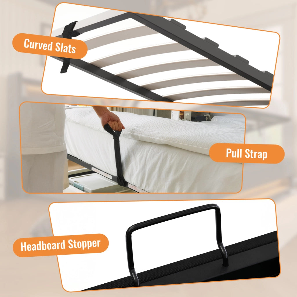 Letto imbottito 90x200 cm con contenitore; portabicchiere e stazione di ricarica; grigio