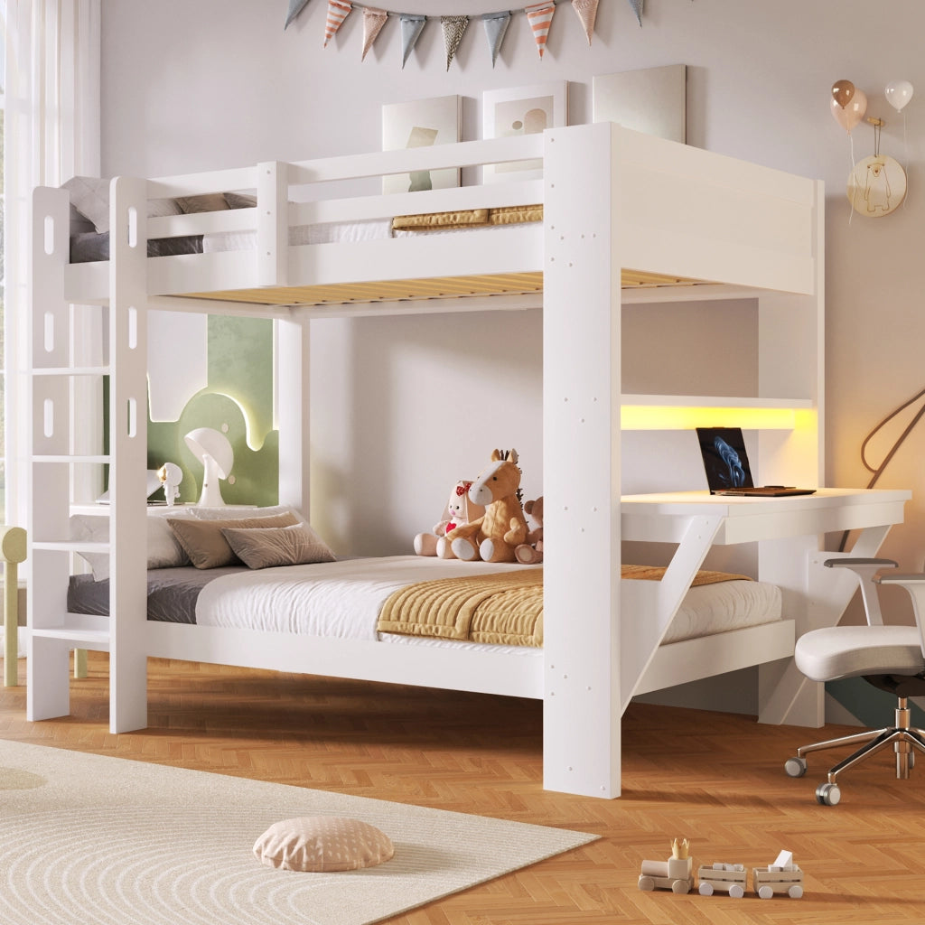 Letto a Castello 90x200 cm con Vani Contenitore; LED; Tavolo; Scala e Sponde; Bianco