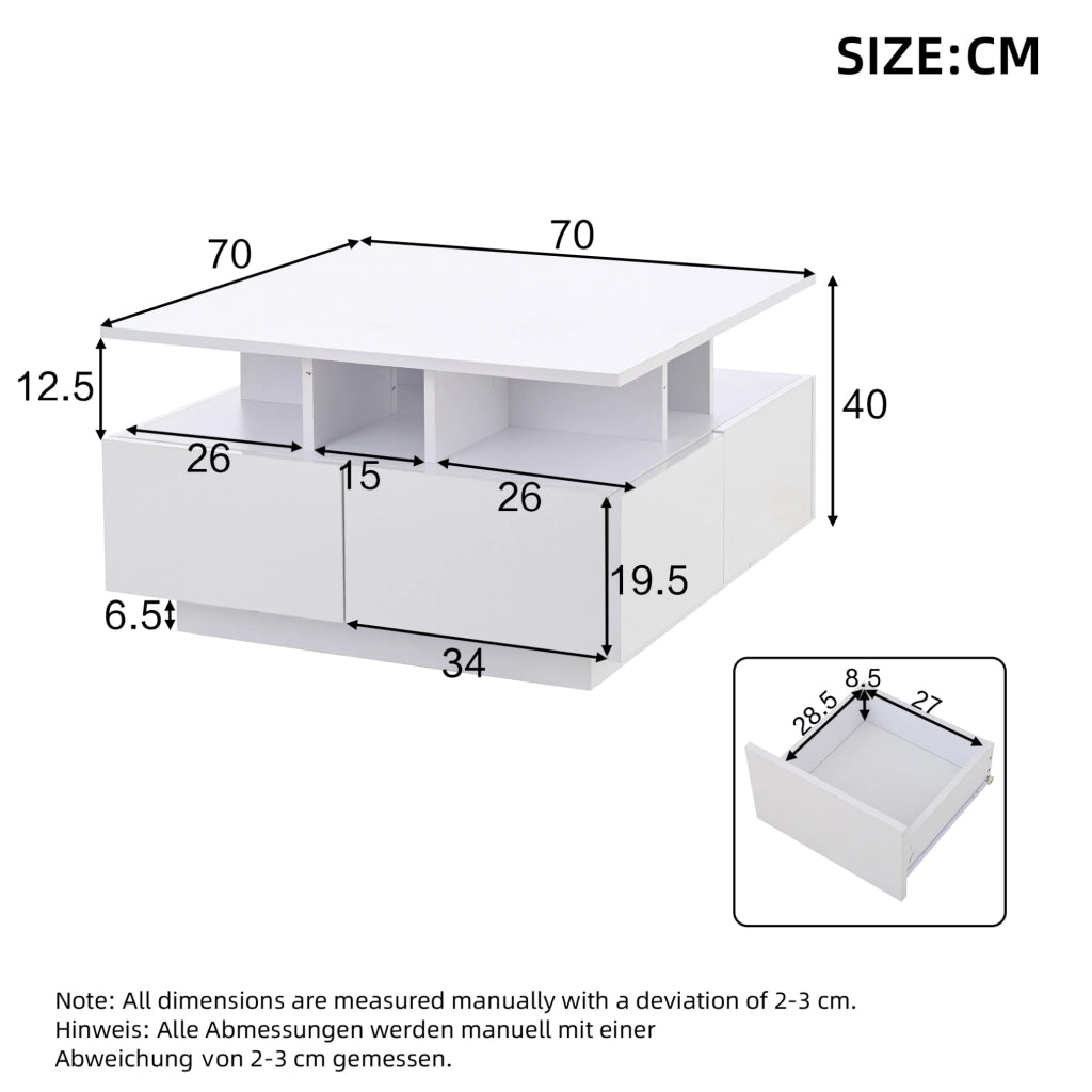 Tavolino da caffè LED bianco 70×70×40 cm con 4 cassetti