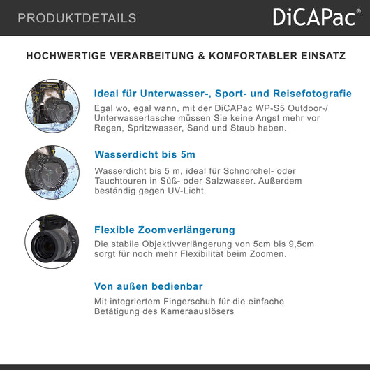 DiCAPac WP-S5 Borsa impermeabile per fotocamera con obiettivo, custodia subacquea, protezione dall'acqua fino a 5 metri di profondità, nera e marrone scuro