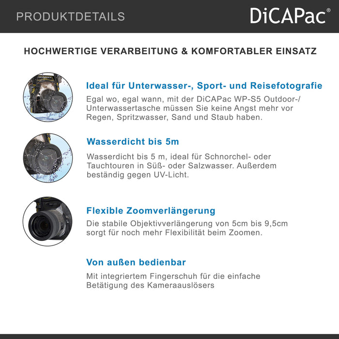 DiCAPac WP-S5 Borsa impermeabile per fotocamera con obiettivo, custodia subacquea, protezione dall'acqua fino a 5 metri di profondità, nera e marrone scuro