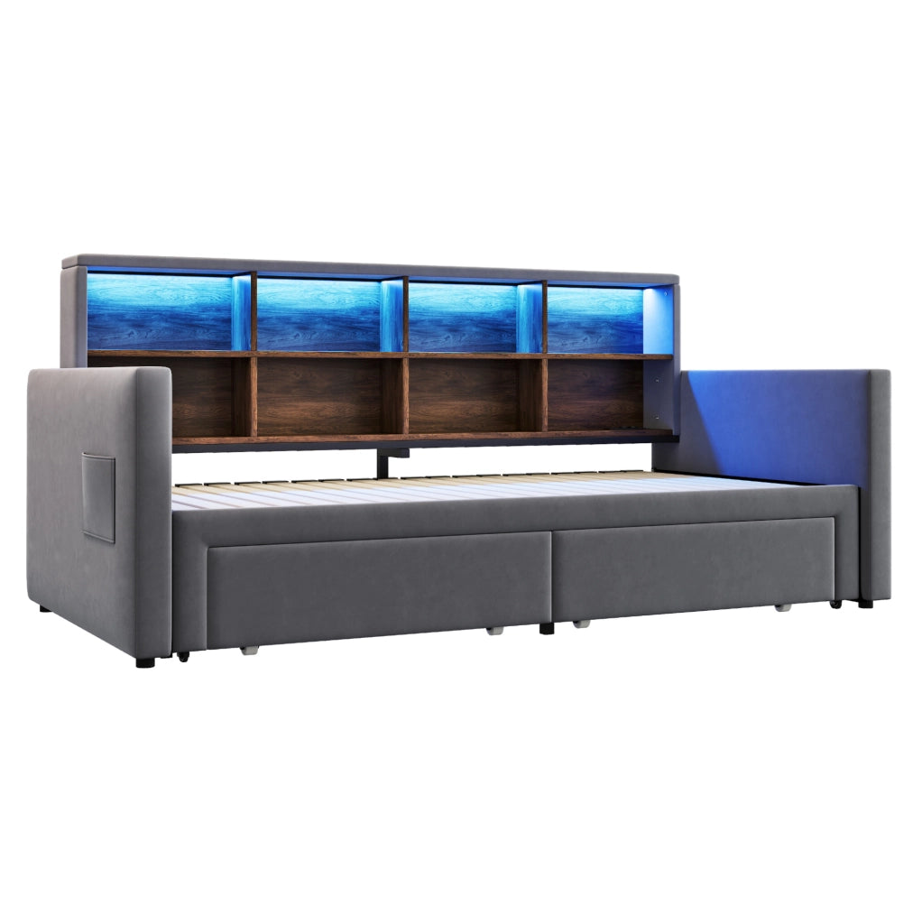 Letto imbottito estraibile 90x190 cm con contenitori, LED e prese