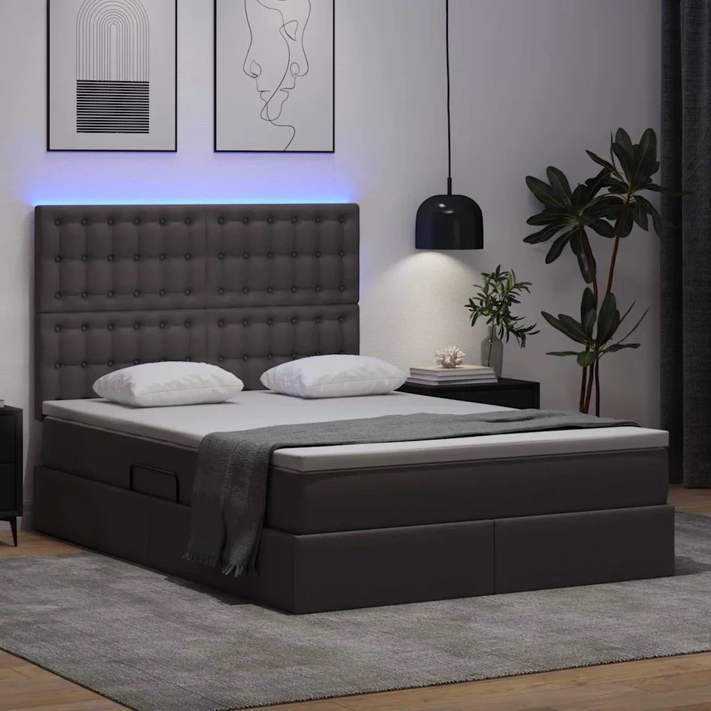 Letto con contenitore e LED Grigio 140 x 190 cm Pelle Sintetica