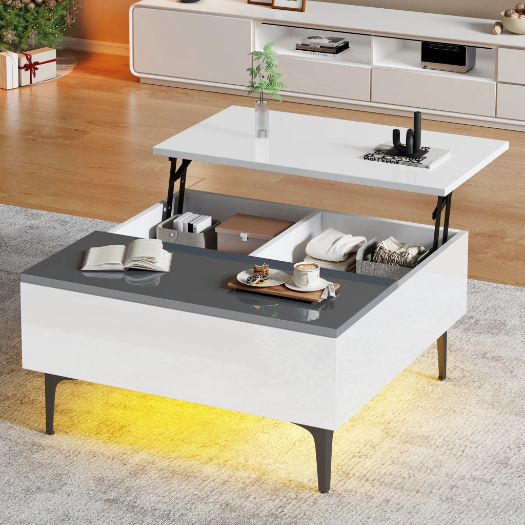 Tavolino da caffè sollevabile 70x70x35 cm con LED; ripiani interni e cassetto; bianco e grigio