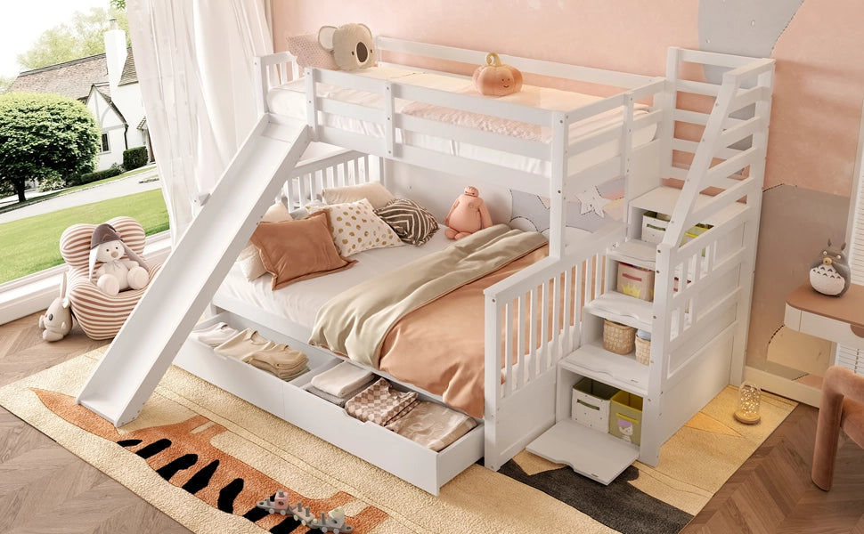 LETTO a castello con cassetti e scivolo 90x200/140x200 cm Bianco antico