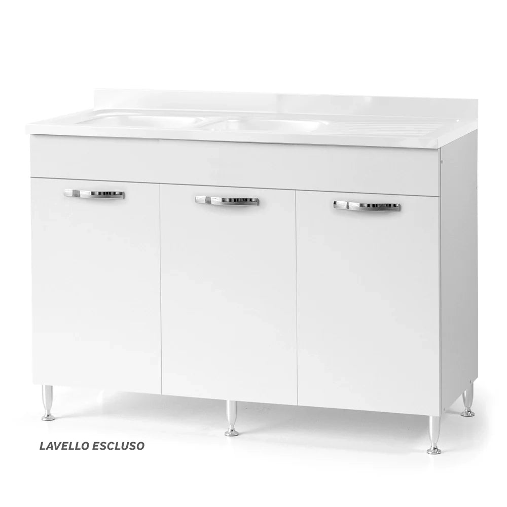 Sottolavello per cucina componibile da 120 cm con tre ante, con Lavello Vasca a Destra + Gocciolatoio, realizzata in legno 100% MADE IN ITALY colore Bianco Frassino