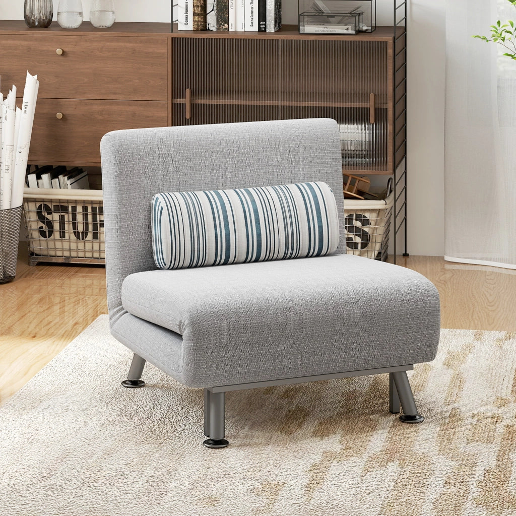 Divano Letto Singolo Pieghevole con Schienale Reclinabile e Materasso ¨C Minimal ¨C Grigio Chiaro, Acciaio e Lino, 75x70x75cm