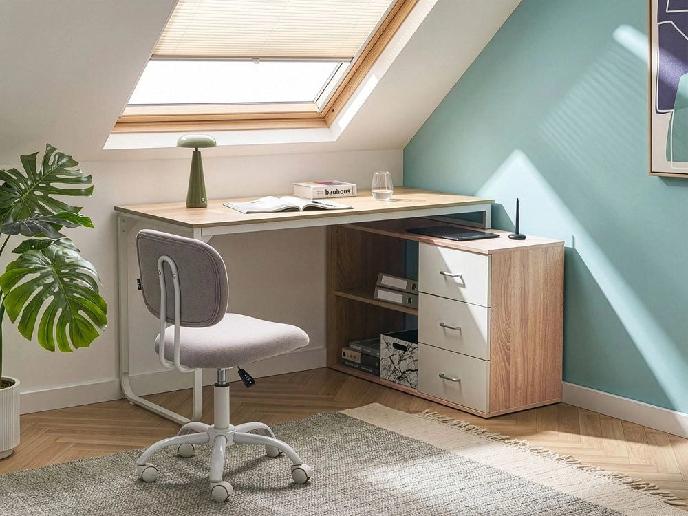 Scrivania da ufficio domestico angolare con 2 ripiani e 3 cassetti Pannello truciolare Gambe in ferro 140 x 100 cm marrone chiaro