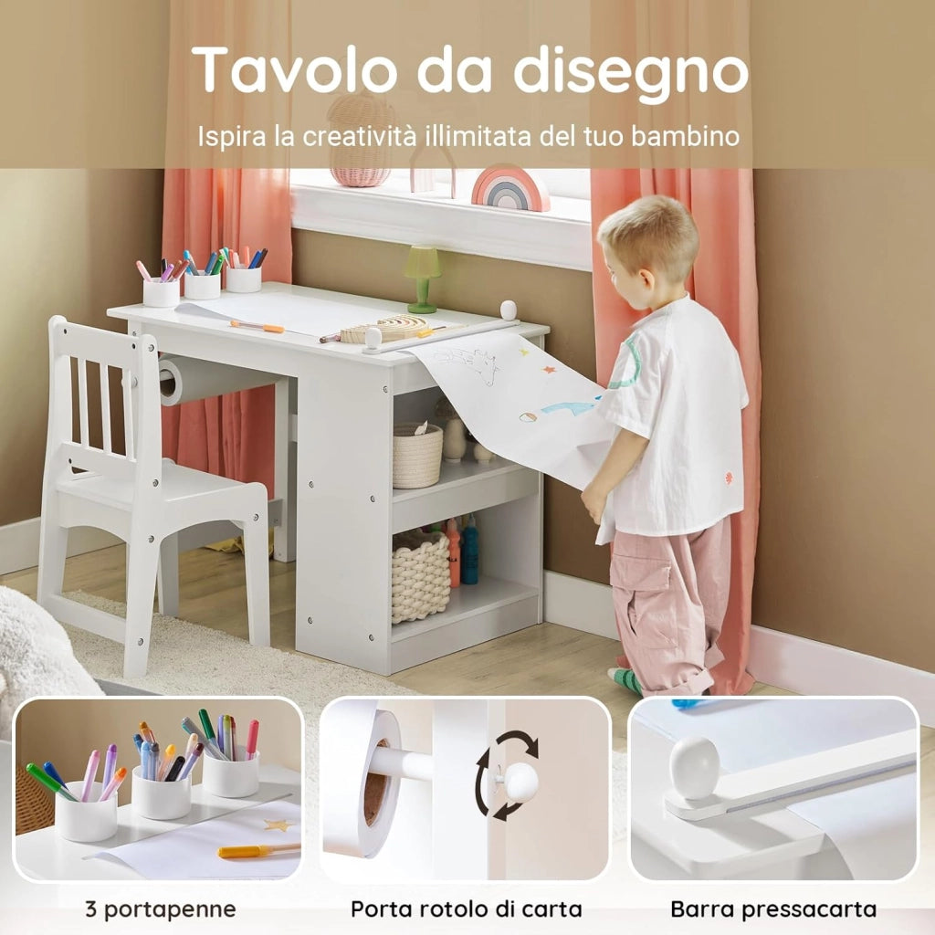 Tavolino Bambini con 1 Sedia, Set Tavolo e Sedie per Bambini Multiattività con 2 Ripiani, Tavolo Disegno e Gioco, Sedia Scrivania Cameretta Bianco 80x54x65,5cm KMB60-W