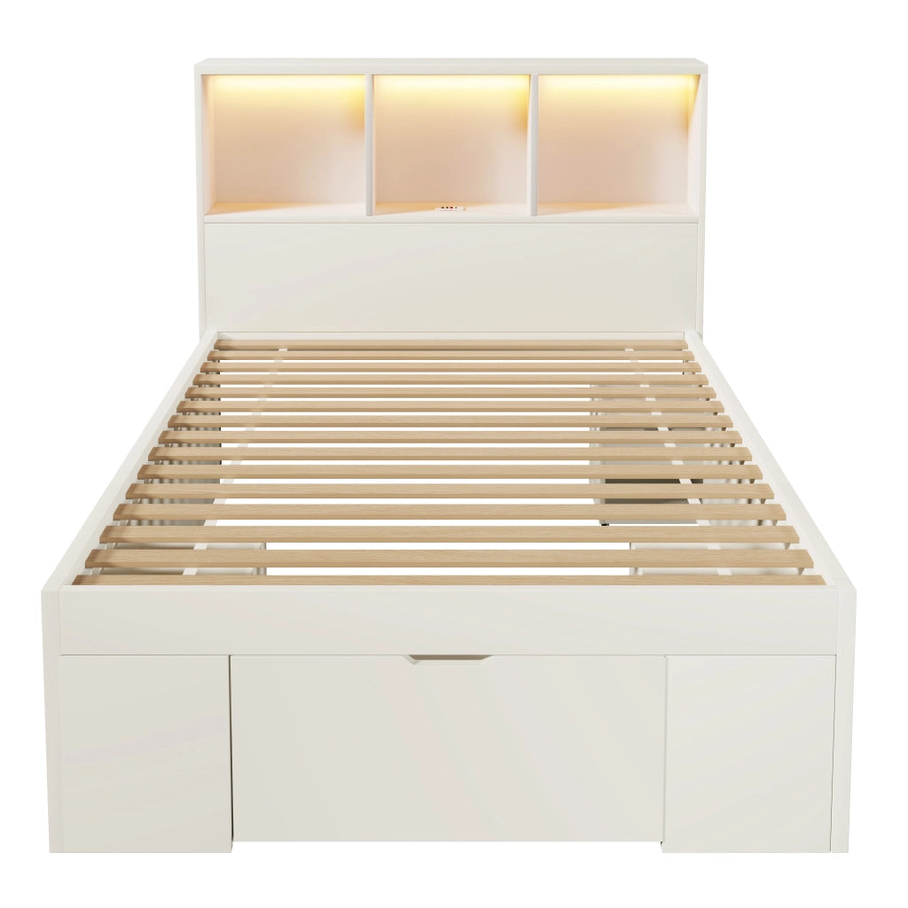 Letto per bambini 90 x 200 cm, spazio contenitivo, comodino incluso, illuminazione a LED, USB/Type-C, con cassetto, bianco