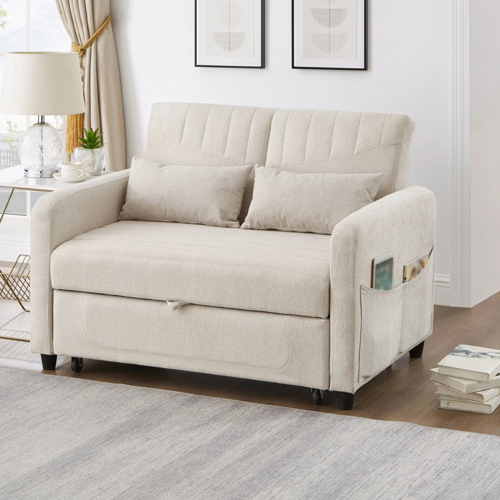 Divano Letto 2 Posti Estraibile con Schienale Regolabile 3 Posizioni e Cuscini Design Salvaspazio Struttura Legno Metallo in Tessuto Beige