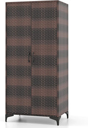 Armadio, Armadio da Camera con 5 Cubi in Rattan PE, Armadio da Archiviazione per Vestiti con Asta Appendiabiti, Porte, Armadio Utile Autoportante per Camera da Letto (Marrone)