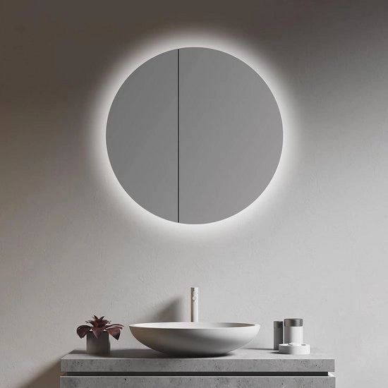 Specchio con illuminazione circolare e Ø 60 cm - cornice in alluminio - due piastrelle di vetro per pavimento
