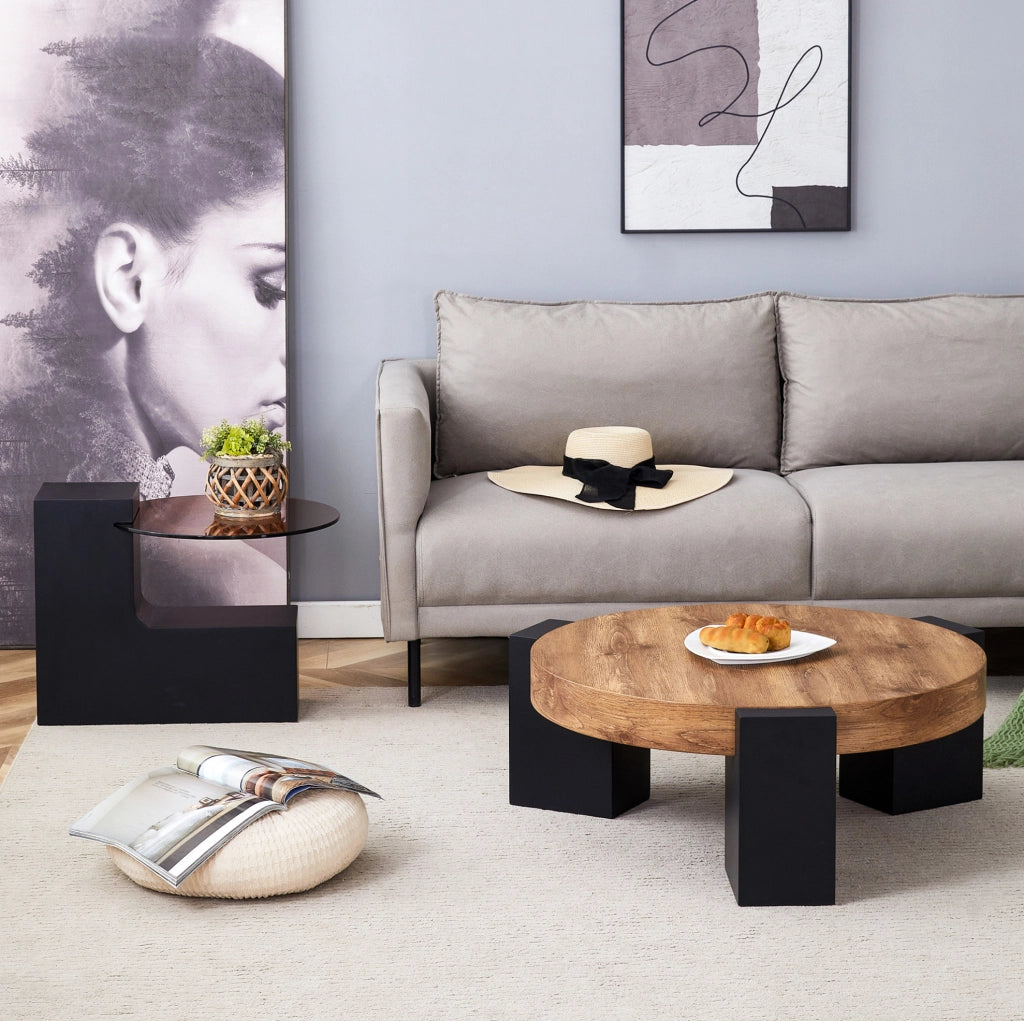 Set 2 tavolini rotondi in MDF e vetro, nero effetto legno