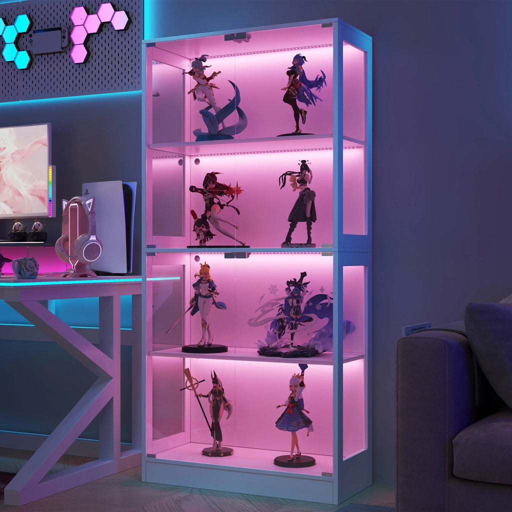 Vetrina con LED da app, 4 ripiani e porte push-to-open, per soggiorno, in MDF e vetro, bianca 80 × 35 × 170 cm