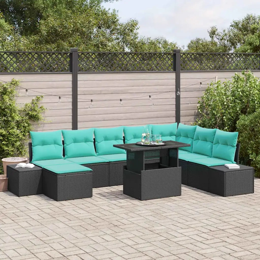 Set Divano da Giardino 9 pz Nero e Blu polyrattan 3349242