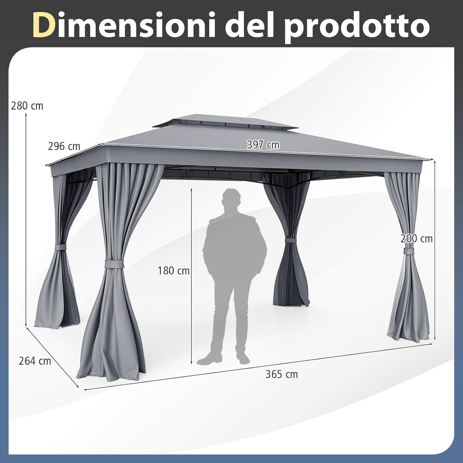 Gazebo da Giardino 397 x 296 cm, Gazebo da Esterno con Zanzariere, Tende, Struttura in Metallo Resistente, con Tetto Impermeabile a Due Strati, per Patio, Giardino e Cortile