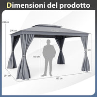 Gazebo da Giardino 397 x 296 cm, Gazebo da Esterno con Zanzariere, Tende, Struttura in Metallo Resistente, con Tetto Impermeabile a Due Strati, per Patio, Giardino e Cortile
