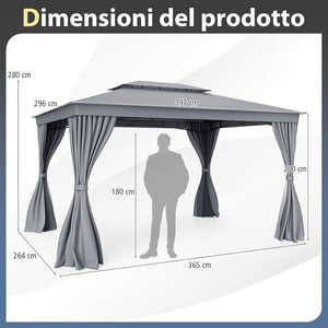 Gazebo da Giardino 397 x 296 cm, Gazebo da Esterno con Zanzariere, Tende, Struttura in Metallo Resistente, con Tetto Impermeabile a Due Strati, per Patio, Giardino e Cortile